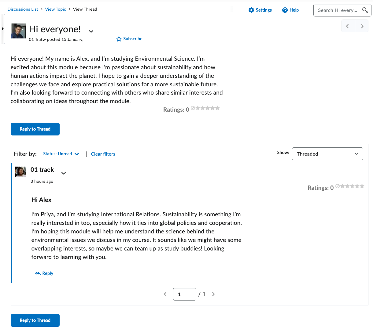 Example of student interactions in a NOW Discussion forum.